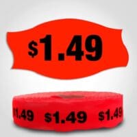 $1.49 Pricing Label Red Dayglo Sticker on a roll of 1000 labels, reads $1.49 in black print on red label