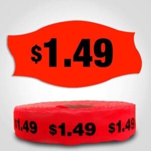 $1.49 Pricing Label Red Dayglo Sticker on a roll of 1000 labels, reads $1.49 in black print on red label