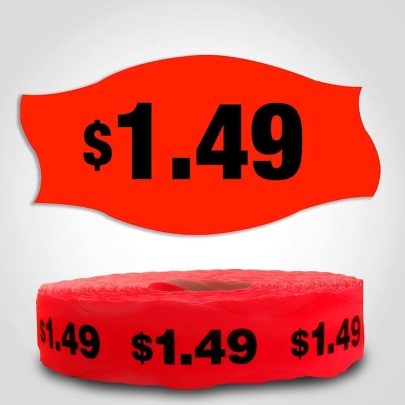 $1.49 Pricing Label Red Dayglo Sticker on a roll of 1000 labels, reads $1.49 in black print on red label