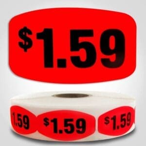 $1.59 Pricing Label Red Dayglo Sticker on a roll of 1000 labels, reads $1.59 in black print on red label