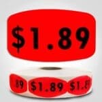 $1.89 Pricing Label Red Dayglo Sticker on a roll of 1000 labels, reads $1.89 in black print on red label