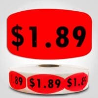 $1.89 Pricing Label Red Dayglo Sticker on a roll of 1000 labels, reads $1.89 in black print on red label