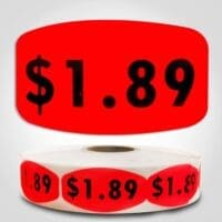 $1.89 Pricing Label Red Dayglo Sticker on a roll of 1000 labels, reads $1.89 in black print on red label