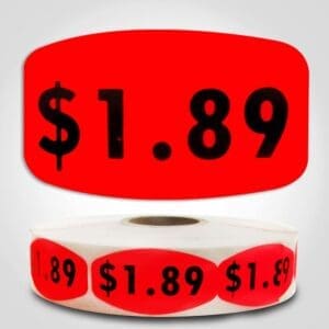 $1.89 Pricing Label Red Dayglo Sticker on a roll of 1000 labels, reads $1.89 in black print on red label