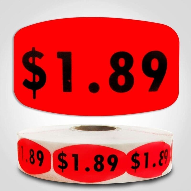 $1.89 Pricing Label Red Dayglo Sticker on a roll of 1000 labels, reads $1.89 in black print on red label