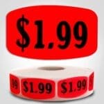 $1.99 pricing Label Red Dayglo Sticker on a roll of 1000 labels, reads $1.99 in black print on red label