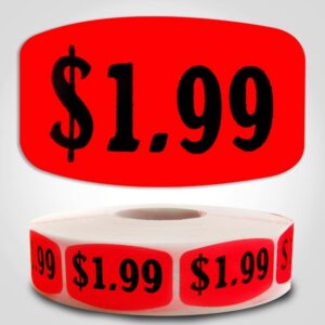 $1.99 pricing Label Red Dayglo Sticker on a roll of 1000 labels, reads $1.99 in black print on red label