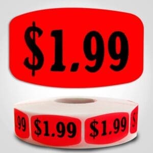 $1.99 pricing Label Red Dayglo Sticker on a roll of 1000 labels, reads $1.99 in black print on red label