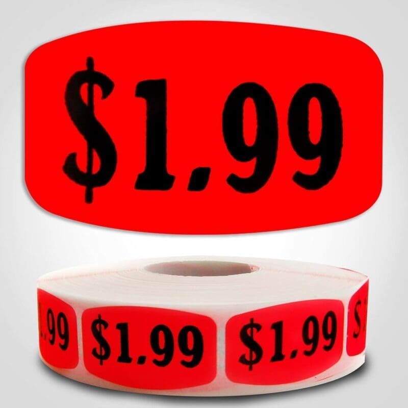 $1.99 pricing Label Red Dayglo Sticker on a roll of 1000 labels, reads $1.99 in black print on red label