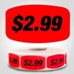 $2.99 pricing Label Red Dayglo Sticker on a roll of 1000 labels, reads $2.99 in black print on red label