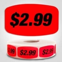 $2.99 pricing Label Red Dayglo Sticker on a roll of 1000 labels, reads $2.99 in black print on red label