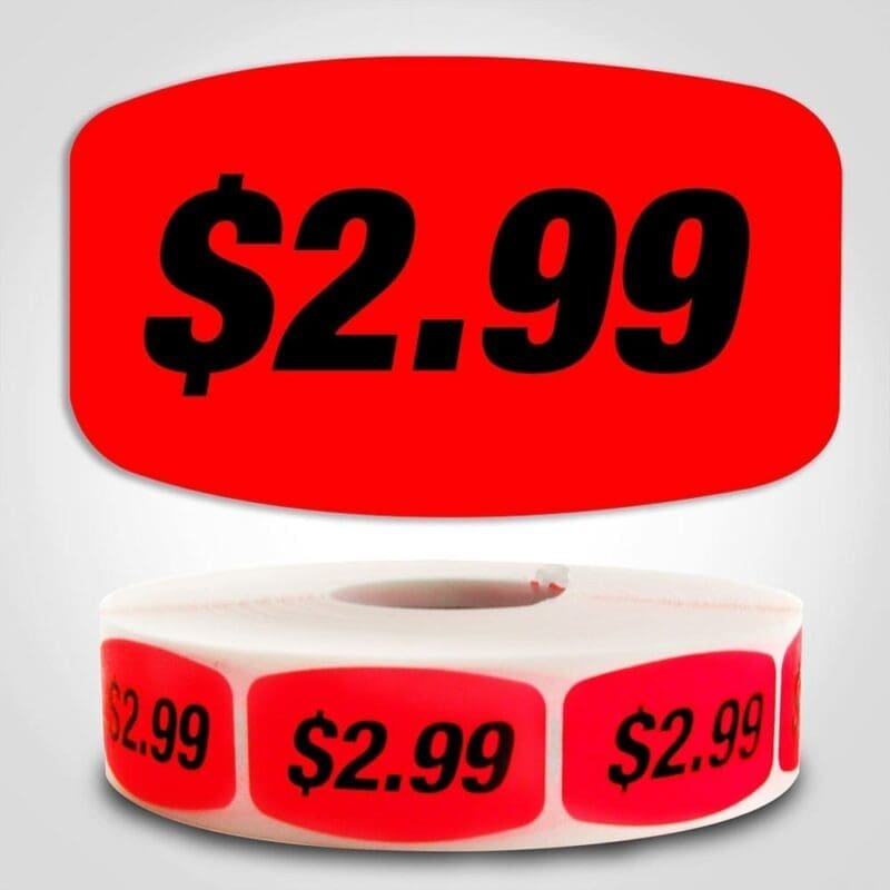 $2.99 pricing Label Red Dayglo Sticker on a roll of 1000 labels, reads $2.99 in black print on red label