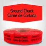 Ground Chuck Spanish Translation Label Red Dayglo Sticker on a roll of 1000 labels, reads Ground Chuck, Carne de Cortada in black print on red label