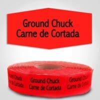 Ground Chuck Spanish Translation Label Red Dayglo Sticker on a roll of 1000 labels, reads Ground Chuck, Carne de Cortada in black print on red label