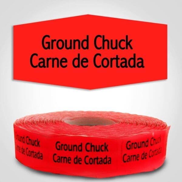 Ground Chuck Spanish Translation Label Red Dayglo Sticker on a roll of 1000 labels, reads Ground Chuck, Carne de Cortada in black print on red label
