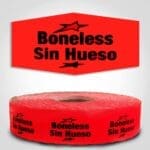 Boneless Spanish Translation Label Red Dayglo Sticker on a roll of 1000 labels, reads Boneless, Sin Hueso in black print on red label
