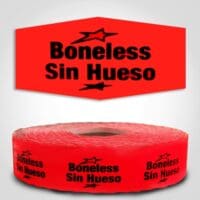 Boneless Spanish Translation Label Red Dayglo Sticker on a roll of 1000 labels, reads Boneless, Sin Hueso in black print on red label