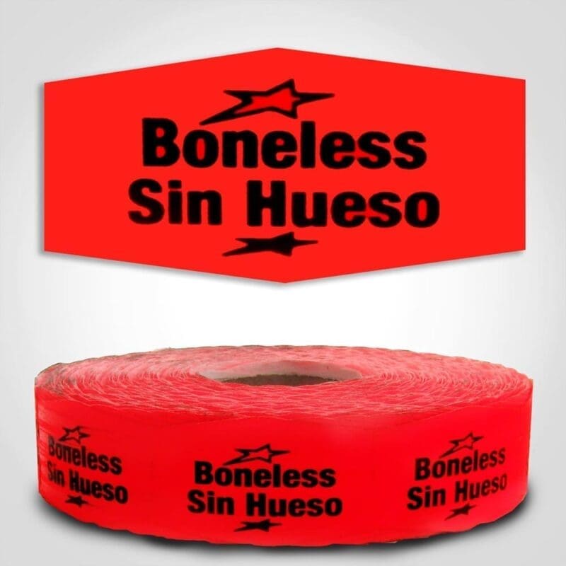 Boneless Spanish Translation Label Red Dayglo Sticker on a roll of 1000 labels, reads Boneless, Sin Hueso in black print on red label