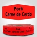 Pork Spanish Translation Label Red Dayglo Sticker on a roll of 1000 labels, reads Pork, Carne de Cerdo in black print on red label