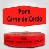 Pork Spanish Translation Label Red Dayglo Sticker on a roll of 1000 labels, reads Pork, Carne de Cerdo in black print on red label