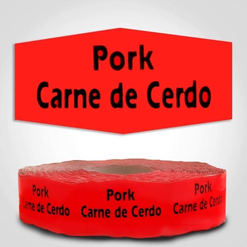 Pork Spanish Translation Label Red Dayglo Sticker on a roll of 1000 labels, reads Pork, Carne de Cerdo in black print on red label
