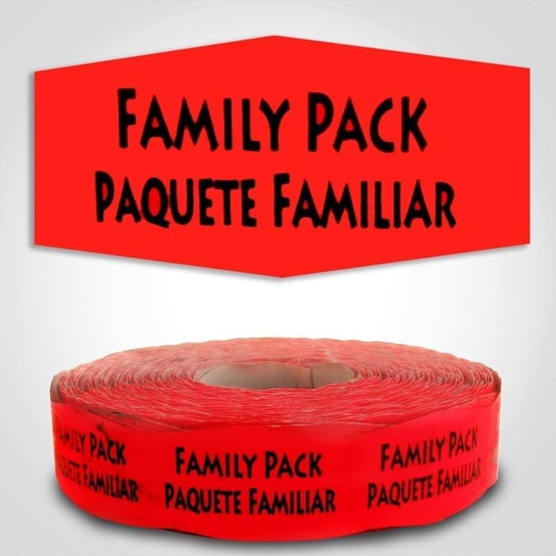 Family Pack Spanish Translation Label Red Dayglo Sticker on a roll of 1000 labels, reads Family Pack, Paquete Familiar in black print on red label