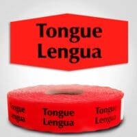 Tongue Spanish Translation Butcher Label Red Dayglo Sticker on a roll of 1000 labels, reads Tongue, Lengua in black print on red label