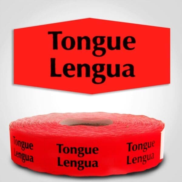 Tongue Spanish Translation Butcher Label Red Dayglo Sticker on a roll of 1000 labels, reads Tongue, Lengua in black print on red label