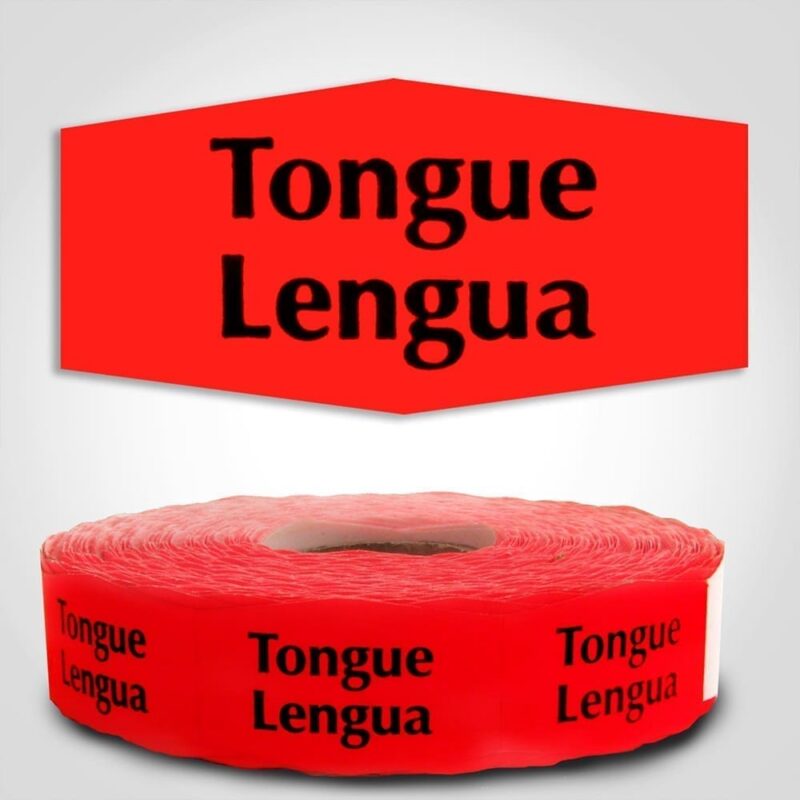 570040-1 Tongue Spanish Translation Butcher Label Red Dayglo Sticker on a roll of 1000 labels, reads Tongue, Lengua in black print on red label