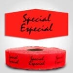 Special Spanish Translation Label Red Dayglo Sticker on a roll of 1000 labels, reads Special, Especial in black print on red label