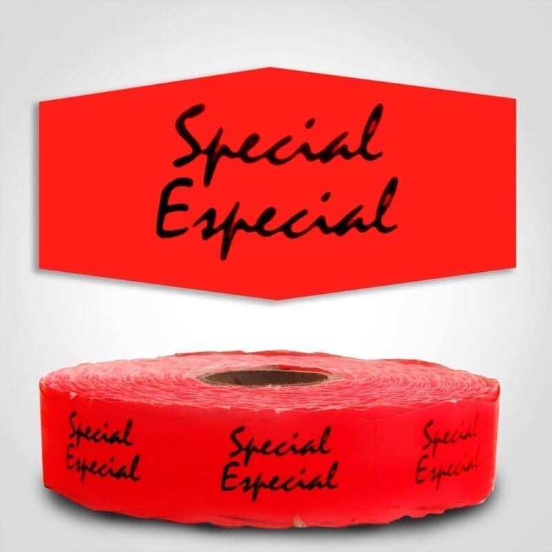 570049-1 Special Spanish Translation Label Red Dayglo Sticker on a roll of 1000 labels, reads Special, Especial in black print on red label