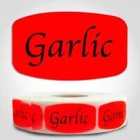 Garlic Flavor Label Red Dayglo Sticker on a roll of 1000 labels, reads garlic in black print on red label