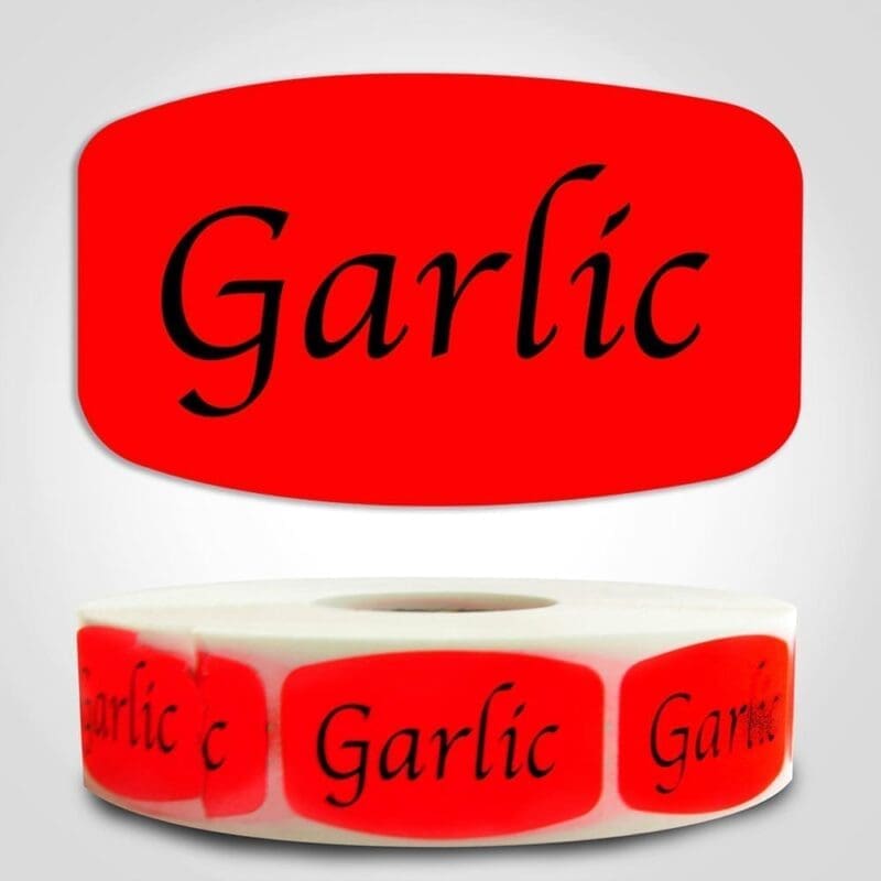 Garlic Flavor Label Red Dayglo Sticker on a roll of 1000 labels, reads garlic in black print on red label