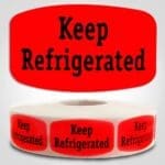 Keep Refrigerated Label Red Dayglo Sticker on a roll of 1000 labels, reads Keep Refrigerated in black print on red label