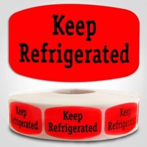 Keep Refrigerated Label Red Dayglo Sticker on a roll of 1000 labels, reads Keep Refrigerated in black print on red label