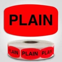 Plain Flavor Label Red Dayglo Sticker on a roll of 1000 labels, reads PLAIN in black print on red label