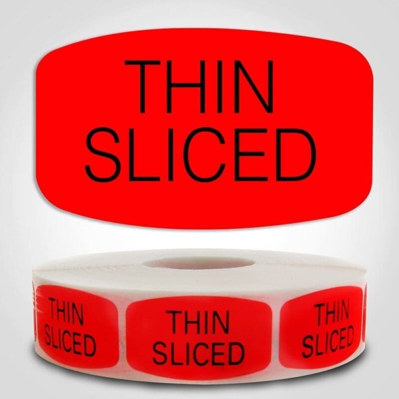 Thin Sliced ButcherLabel Red Dayglo Sticker on a roll of 1000 labels, reads THIN SLICED in black print on red label