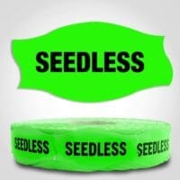 Seedless Label Green Dayglo Sticker on a roll of 1000 labels, reads SEEDLESS in black print on red label