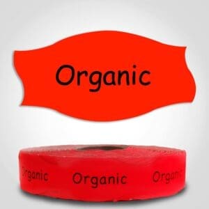 Organic Label Red Dayglo Sticker on a roll of 1000 labels, reads Organic in black print on red label