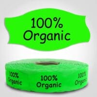one hundred percent organic Label green Dayglo Sticker on a roll of 1000 labels, reads 100% Organic in black print on red label