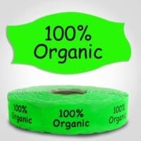 one hundred percent organic Label green Dayglo Sticker on a roll of 1000 labels, reads 100% Organic in black print on red label