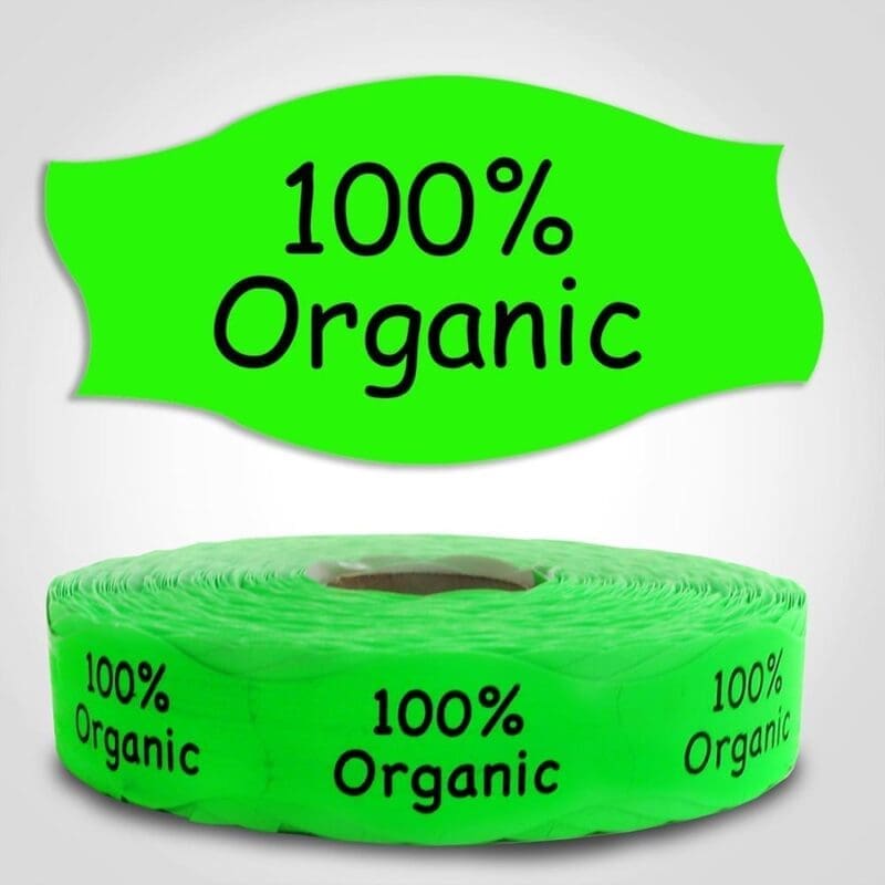 one hundred percent organic Label green Dayglo Sticker on a roll of 1000 labels, reads 100% Organic in black print on red label
