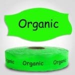 Organic Label green Dayglo Sticker on a roll of 1000 labels, reads Organic in black print on red label