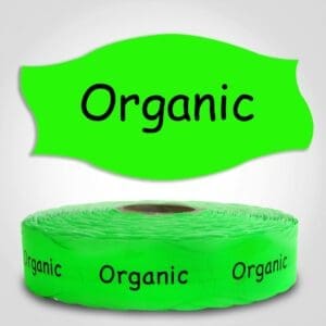 Organic Label green Dayglo Sticker on a roll of 1000 labels, reads Organic in black print on red label