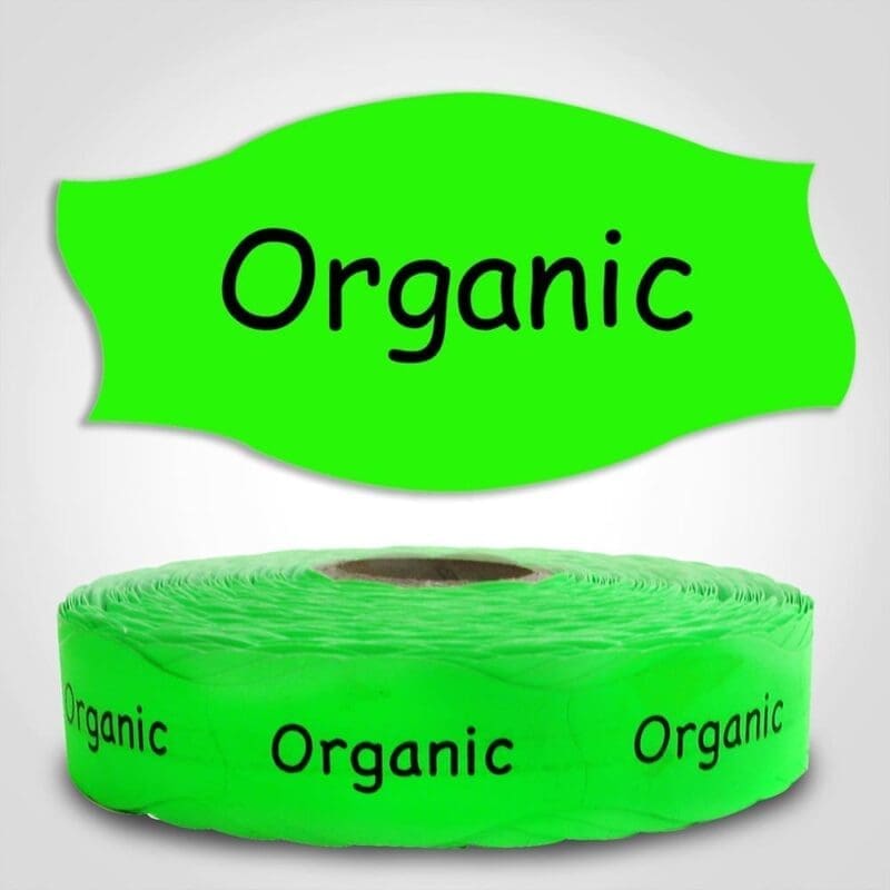 Organic Label green Dayglo Sticker on a roll of 1000 labels, reads Organic in black print on red label