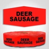 Deer Sausage Label Red Dayglo Sticker on a roll of 1000 labels, reads Deer Sausage in black print on red label