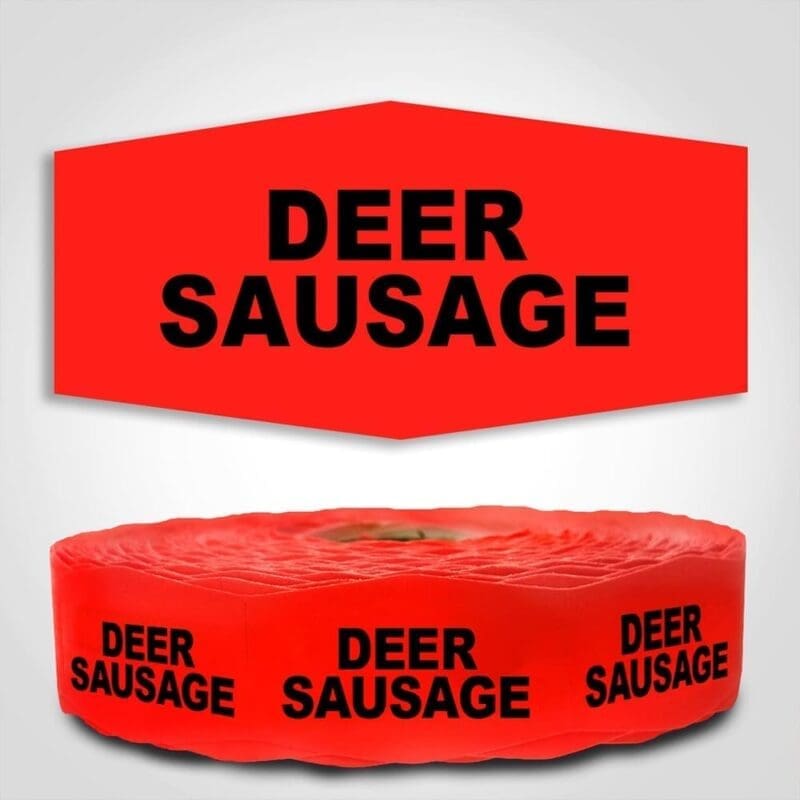 Deer Sausage Label Red Dayglo Sticker on a roll of 1000 labels, reads Deer Sausage in black print on red label