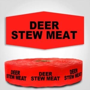 Deer Stew Meat Label Red Dayglo Sticker on a roll of 1000 labels, reads Deer Stew Meat in black print on red label