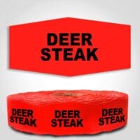 Deer Steak Label Red Dayglo Sticker on a roll of 1000 labels, reads Deer Steak in black print on red label