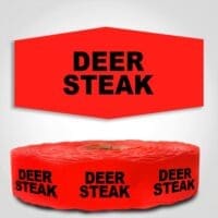 Deer Steak Label Red Dayglo Sticker on a roll of 1000 labels, reads Deer Steak in black print on red label